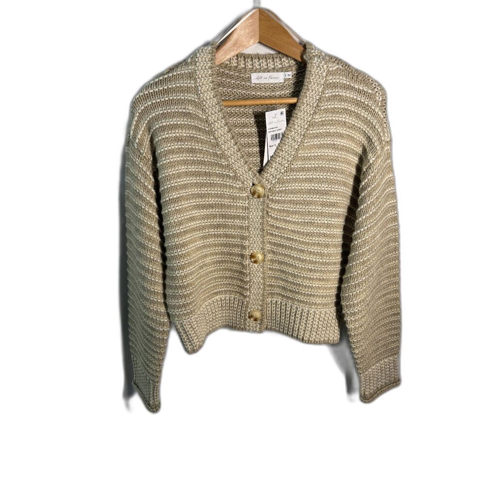 All in Favor Chunky Stripe V-Neck Cardigan Natural Ivory Wool Blend S